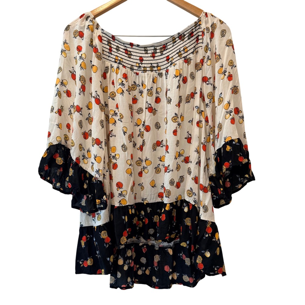 Lot of 2 Democracy Boho 2X+1X Smocked Fruit‎ Print Blouse Citrus Botanical Tops